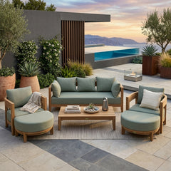 Anderson Teak Coronado 6-piece teak wood outdoor sofa set with cushions, designed for garden lounge and patio seating, available in 9 colors.