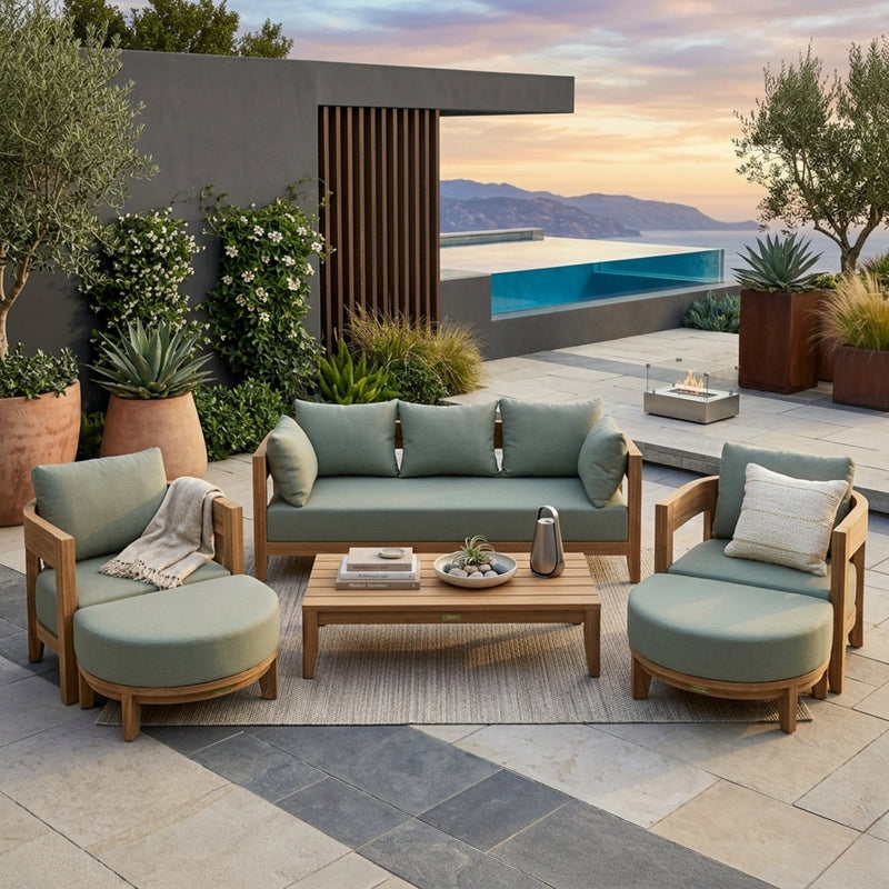 Anderson Teak Coronado 6-piece teak wood outdoor sofa set with cushions, designed for garden lounge and patio seating, available in 9 colors.