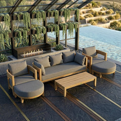 Six-piece Coronado teak wood outdoor sofa set with cushions, designed for garden lounge, in multiple designer colors by Anderson Teak.