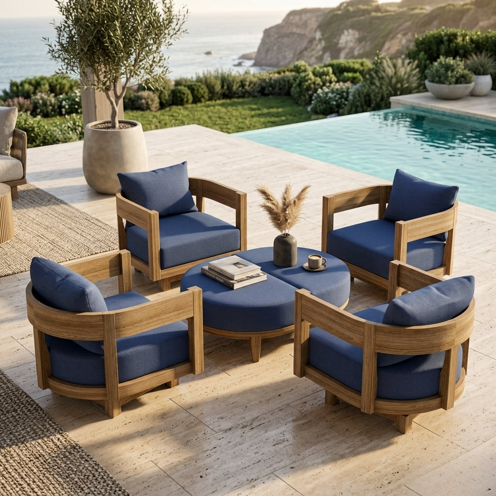 Anderson Teak 6-piece Coronado teak wood outdoor sofa set with deep seating, in sage color, for garden lounge and outdoor patio use.