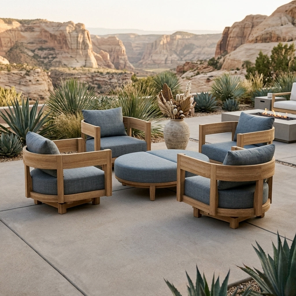 Six-piece Anderson Teak Coronado outdoor patio sofa set in sage with deep seating, part of the luxury teak wood garden lounge collection.