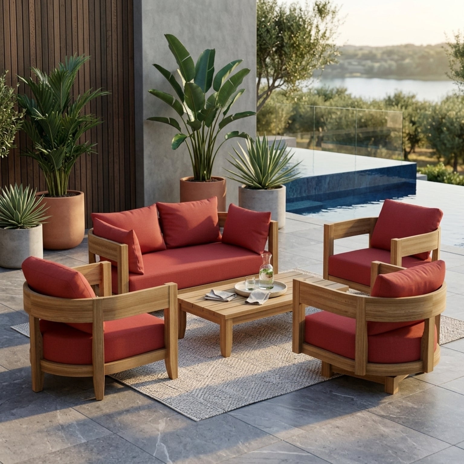Anderson Teak Coronado 5-piece teak wood outdoor sofa set in cast slate for garden lounge and patio, available in 9 designer colors.