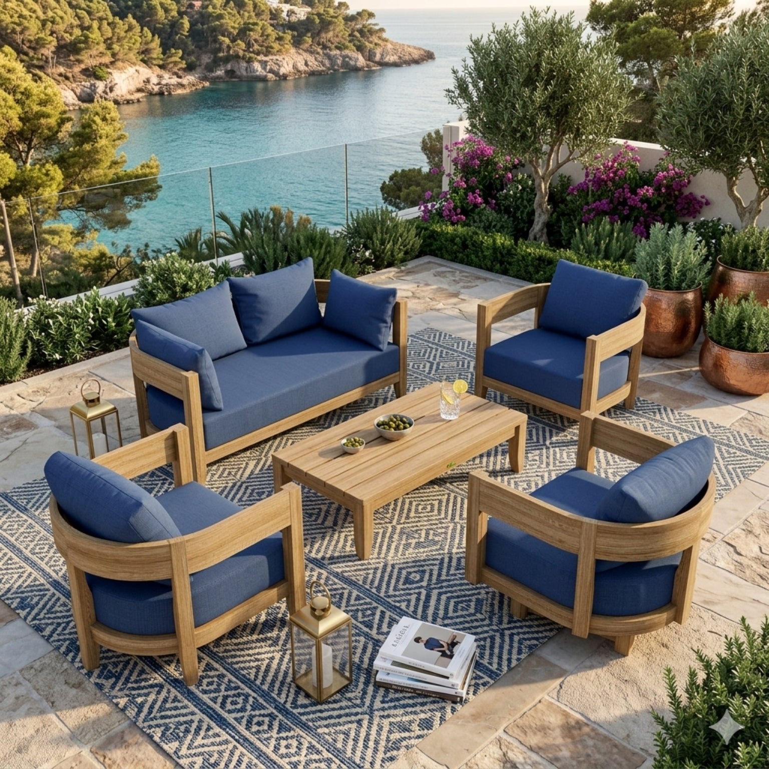 Anderson Teak Coronado 5-piece teak wood outdoor sofa set with cushions, suitable for garden lounge and patio in slate color.