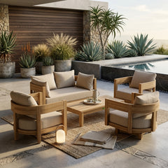 Anderson Teak Coronado 5-piece teak wood outdoor sofa set with cushions, designed for garden lounge and patio relaxation.