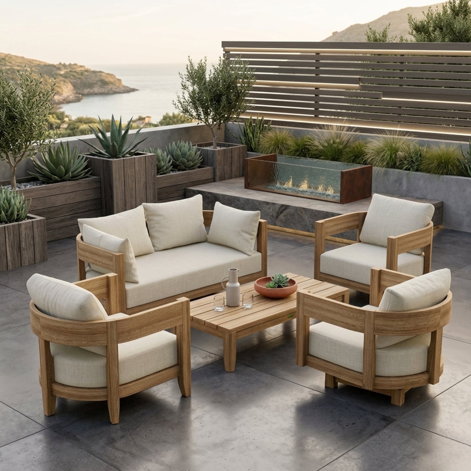 Anderson Teak Coronado 5-piece teak wood outdoor sofa set in slate with modern cushions for garden lounge seating.
