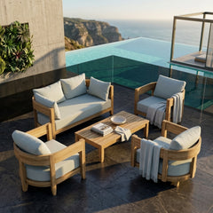 Anderson Teak Coronado 5-piece teak wood outdoor sofa set with deep seating in slate color for garden lounge and patio relaxation.