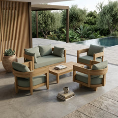 Anderson Teak 5-piece Coronado teak wood outdoor sofa set with slate cushions, perfect for garden lounge, available in 9 designer colors.
