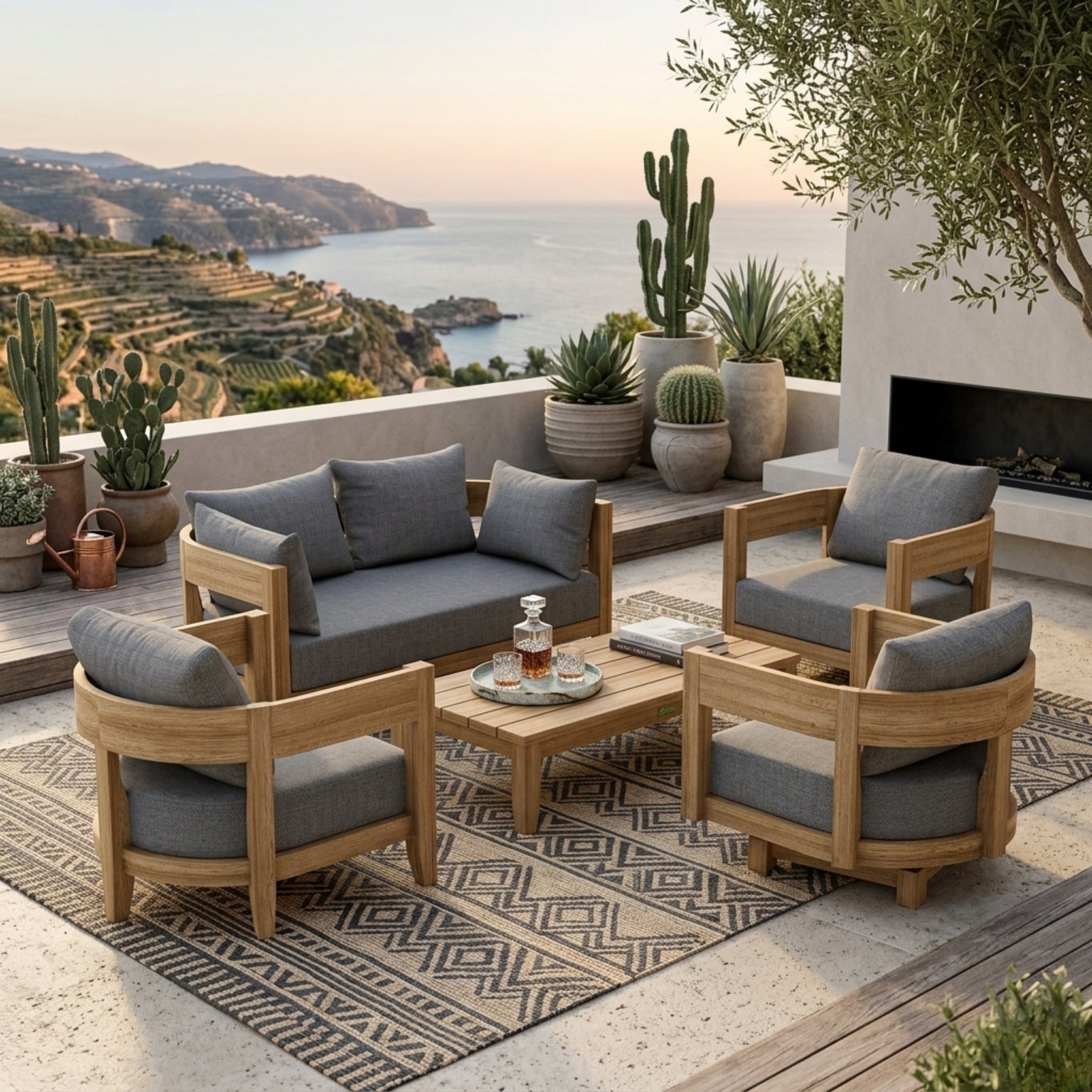 Anderson Teak Coronado 5-piece teak wood outdoor sofa set with deep seating, in slate color for garden lounge and patio.