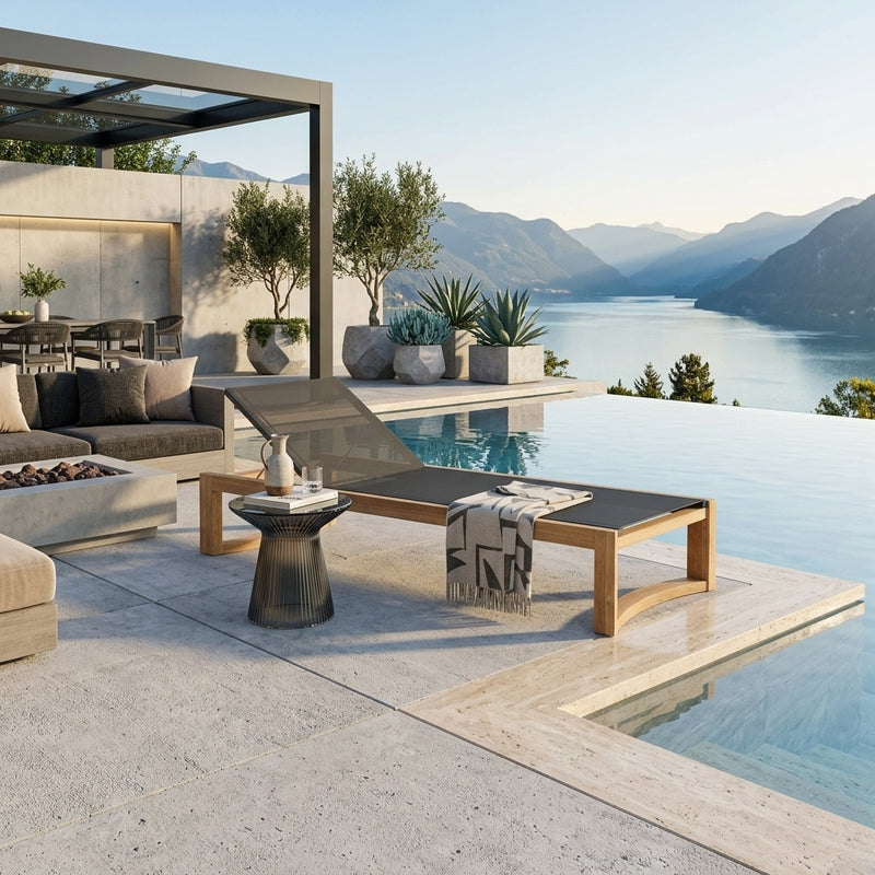 Anderson Teak JUNUS Sun Lounger with sleek wooden design and adjustable backrest for outdoor relaxation.