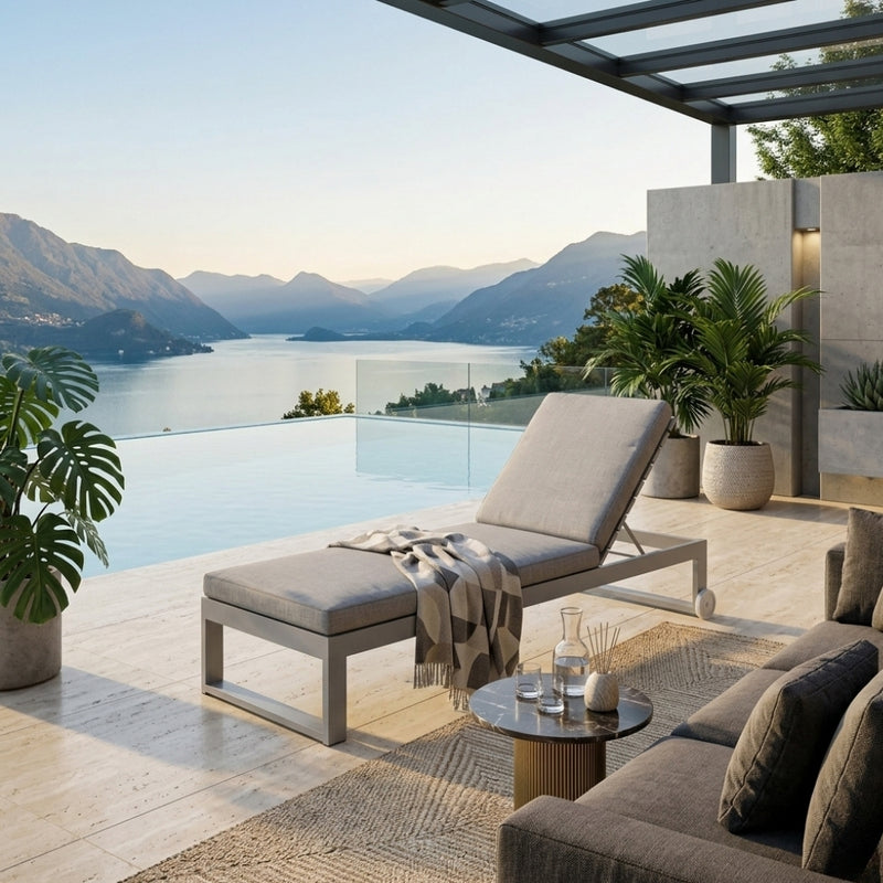Anderson Teak Lucca Sun Lounger with adjustable backrest and teak wood frame for outdoor relaxation.