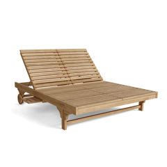 Anderson Teak BEL-AIR Double Sun Lounger with cushioned teak frame, perfect for relaxing outdoors in sunny weather.
