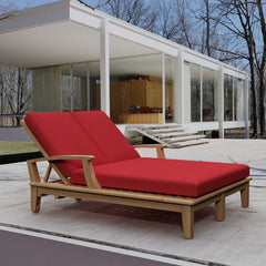 Anderson Teak Brianna Double Sun Lounger with cushioned seats, teak wood frame, and adjustable backrests for outdoor relaxation.