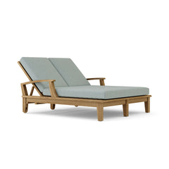 Brianna double sun lounger by Anderson Teak featuring two cushioned sunbeds with a sleek teak wood frame for outdoor relaxation.