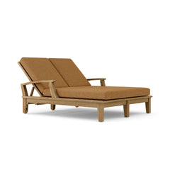 Anderson Teak Brianna Double Sun Lounger featuring a wooden sunbed with adjustable backrests and cushioned seating for outdoor relaxation.