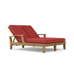 Anderson Teak Brianna Double Sun Lounger with cushioned seats, teak wood frame, and adjustable backrests for outdoor relaxation.