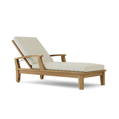 Anderson Teak Brianna Sun Lounger, sleek wooden sunbed with a comfortable reclining design, outdoors on a patio.