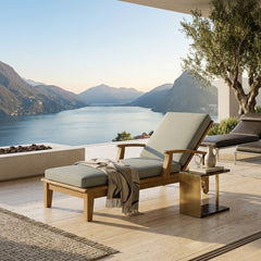 Anderson Teak Brianna Sun Lounger, outdoor teak sunbed with a sleek design and comfortable cushion, ideal for relaxing outdoors.