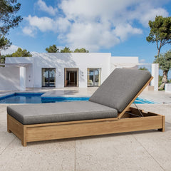 Anderson Teak Madera Sun Lounger in vibrant designer colors, showcasing a stylish outdoor sunbed with sleek wooden design