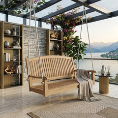 Del-Amo 48-inch round teak swing bench by Anderson Teak, featuring a stylish design and available in nine designer colors.