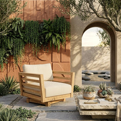 Anderson Teak Cordoba deep seating swivel armchair in navy canvas with 9 designer color options, outdoor patio and garden seating.