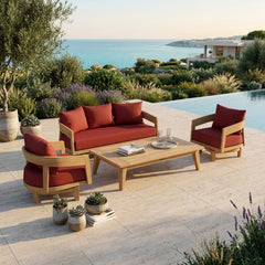 Anderson Teak Toscana 4-piece teak wood outdoor patio set with swivel chairs in cast ash color, garden lounge furniture.