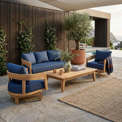 Set of four Anderson Teak Toscana swivel chairs in cast ash finish, part of a 4-piece outdoor teak wood patio seating set.