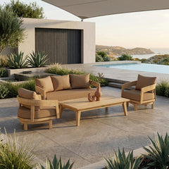 Set of four Anderson Teak Toscana swivel chairs in cast ash wood, part of outdoor patio garden lounge seating in nine colors.
