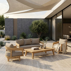 Set of four Anderson Teak Toscana swivel chairs in cast ash finish for outdoor patio garden lounge seating.
