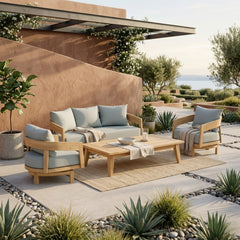 Anderson Teak Toscana 4-piece outdoor teak wood seating set with swivel chairs and garden lounge design in cast ash color.