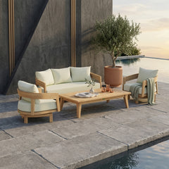 Set of four Anderson Teak Toscana swivel chairs in cast ash finish, part of the outdoor teak wood patio sofa set.