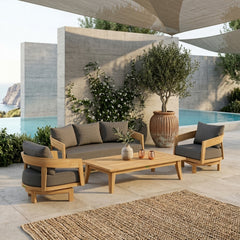 Set of two Anderson Teak Toscana swivel chairs with cast ash finish for outdoor patio garden lounge seating, in natural wood style.
