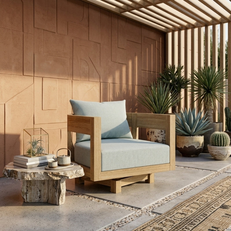 Anderson Teak Coronado A-Grade Teak Swivel Armchair in cast pomegranate, outdoor deep seating with 9 designer colors.
