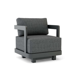 Anderson Teak Granada aluminum swivel armchair with deep outdoor seating in cast pomegranate, available in 9 designer colors.