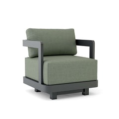 Anderson Teak Granada aluminum swivel armchair with deep outdoor seating, available in 9 designer colors for patio and garden.