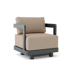Granada aluminum swivel armchair by Anderson Teak, outdoor deep seating chair in cast pomegranate color with 9 designer color options.
