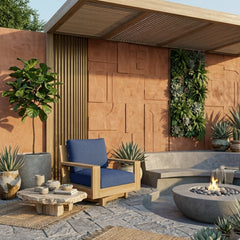Anderson Teak Madera Swivel Armchair in cast pomegranate, outdoor deep seating with 9 designer colors for patio and garden.