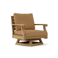 Anderson Teak Riviera Swivel Armchair in cast pomegranate, outdoor teak wood, deep seating, designed for patio and garden use