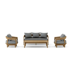 Anderson Teak Toscana 4-piece outdoor teak wood seating set with swivel chairs in deep reddish pomegranate color for garden lounge.
