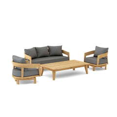 Anderson Teak Toscana 4-piece teak wood outdoor patio conversational set with swivel chairs in cast pomegranate color.