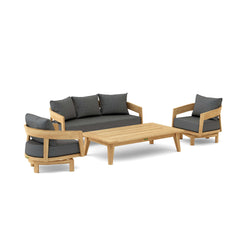 Anderson Teak Toscana 4-piece teak wood outdoor patio sofa set with swivel chairs in cast pomegranate color.