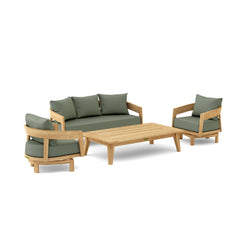 Anderson Teak Toscana 4-piece teak wood outdoor patio seating set with swivel chairs and deep-seating in cast pomegranate color.