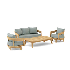 Anderson Teak Toscana 4-piece teak wood outdoor patio seating set with swivel chairs in cast pomegranate color.