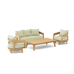 Anderson Teak Toscana 4-piece teak wood outdoor patio seating set with swivel chairs in cast pomegranate color.