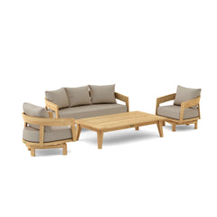 Four Anderson Teak Toscana 4-piece outdoor swivel chairs in cast pomegranate color, part of the Toscana teak outdoor seating set.