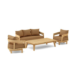 Anderson Teak Toscana 4-piece teak wood outdoor patio swivel chairs set in cast pomegranate color for garden lounge.