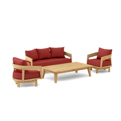 Anderson Teak Toscana 4-piece teak wood outdoor patio set with swivel chairs in cast pomegranate color for garden lounge.