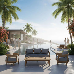 Set of Anderson Teak Toscana 4-piece teak wood outdoor swivel chairs with deep seating in cast pomegranate color.