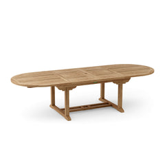 Anderson Teak Bahama 117-inch oval double extension table with extra thick teak wood, perfect for spacious dining areas.