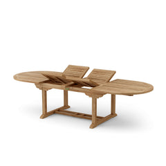 Anderson Teak Bahama 117-inch oval double extension table with extra thick wooden surface, perfect for large dining spaces.