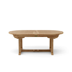 Anderson Teak Bahama 117-inch oval double extension table with extra thick teak wood, perfect for large dining spaces.